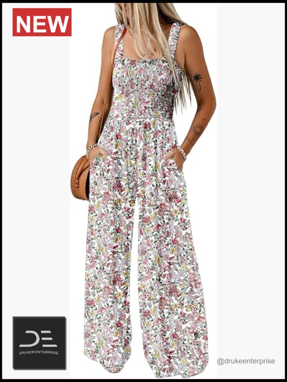 Sleeveless Square Neck Printed Wide Leg Jumpsuit Romper with Pockets
